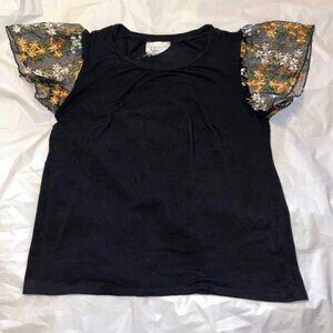 Sadie & Love Black Top with Floral Embroidered Sleeves, Large